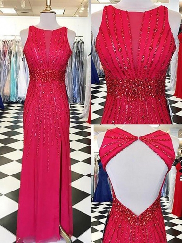 Sheath/Column Bateau Sleeveless Beading Floor-Length Chiffon Dresses