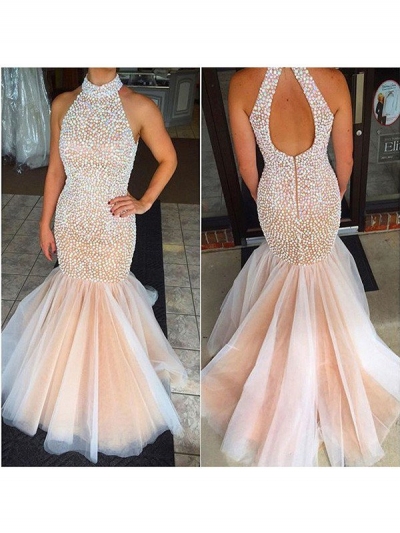 Trumpet/Mermaid Halter Sleeveless Beading Tulle Floor-Length Dresses