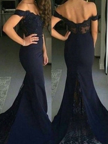 Trumpet/Mermaid Off-the-Shoulder Sleeveless Lace Sweep/Brush Train Satin Dresses