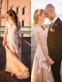 A-Line/Princess Tulle V-neck Long Sleeves Lace Sweep/Brush Train Wedding Dresses