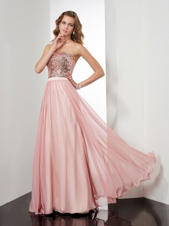 A-Line/Princess Strapless Sleeveless Paillette Long Chiffon Dresses