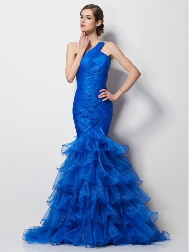 Trumpet/Mermaid One-Shoulder Sleeveless Pleats Long Tulle Dresses