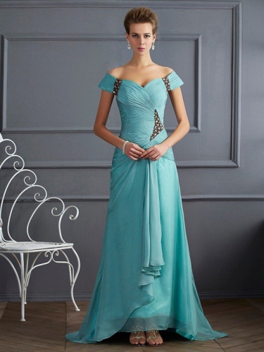 A-Line/Princess Off the Shoulder Sleeveless Beading Long Chiffon Dresses