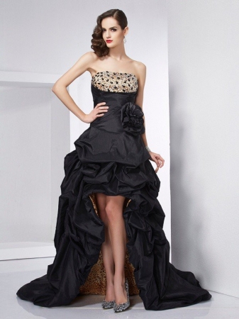 A-Line/Princess Strapless Sleeveless Beading High Low Taffeta Dresses