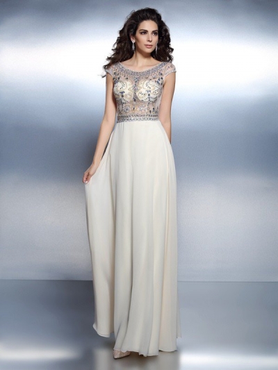 A-Line/Princess Bateau Beading Short Sleeves Long Chiffon Dresses