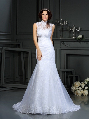 Trumpet/Mermaid Sweetheart Lace Sleeveless Long Satin Wedding Dresses