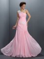 A-Line/Princess One-Shoulder Beading Sleeveless Applique Long Chiffon Dresses