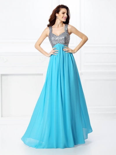 A-Line/Princess Straps Beading Sleeveless Long Chiffon Dresses [50239]