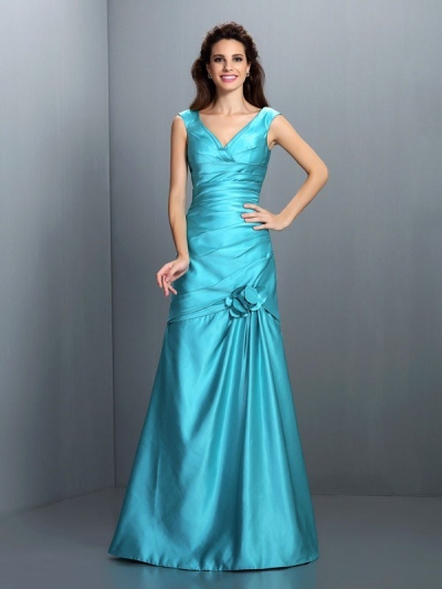 A-Line/Princess V-neck Pleats Sleeveless Long Satin Bridesmaid Dresses [50397]