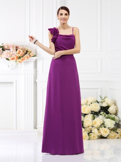 Sheath/Column Spaghetti Straps Hand-Made Flower Sleeveless Long Chiffon Bridesmaid Dresses [50435]