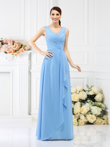 Sheath/Column V-neck Beading Sleeveless Long Chiffon Bridesmaid Dresses