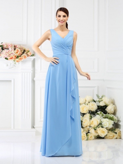 Sheath/Column V-neck Beading Sleeveless Long Chiffon Bridesmaid Dresses [50498]