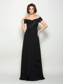 A-Line/Princess Off-the-Shoulder Beading Short Sleeves Long Chiffon Mother of the Bride Dresses