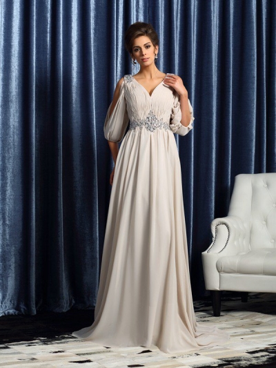 A-Line/Princess V-neck Beading 1/2 Sleeves Long Chiffon Mother of the Bride Dresses [50985]