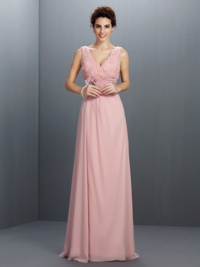 A-Line/Princess V-neck Beading Sleeveless Long Chiffon Dresses [50986]