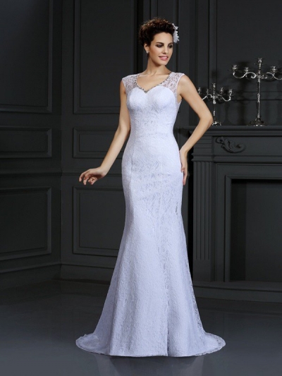 Sheath/Column V-neck Lace Sleeveless Long Satin Wedding Dresses [51077]