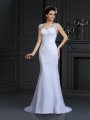 Sheath/Column V-neck Lace Sleeveless Long Satin Wedding Dresses