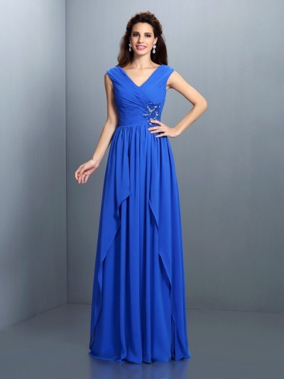 A-Line/Princess V-neck Beading Pleats Sleeveless Long Chiffon Dresses [51124]