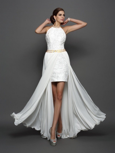 A-Line/Princess High Neck Lace Sleeveless Long Chiffon Wedding Dresses [51227]