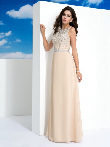 A-Line/Princess Scoop Beading Sleeveless Long Chiffon Dresses