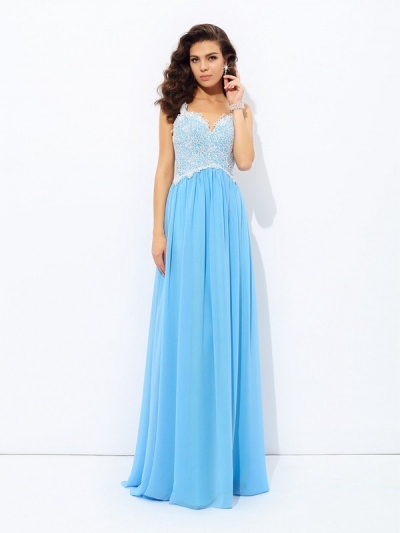 A-Line/Princess V-neck Lace Sleeveless Long Chiffon Dresses [60110]