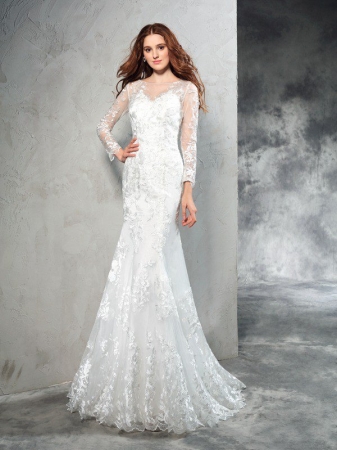 Sheath/Column Sheer Neck Lace Long Sleeves Long Net Wedding Dresses