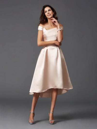 A-Line/Princess Off-the-Shoulder Sleeveless High Low Satin Bridesmaid Dresses [60293]