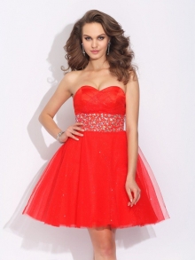 A-Line/Princess Sweetheart Rhinestone Sleeveless Short Net Dresses