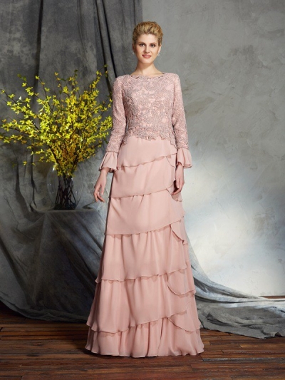 Sheath/Column Scoop Ruffles Long Sleeves Long Chiffon Mother of the Bride Dresses [60513]