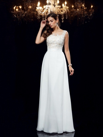 A-Line/Princess Scoop Applique Sleeveless Long Chiffon Dresses