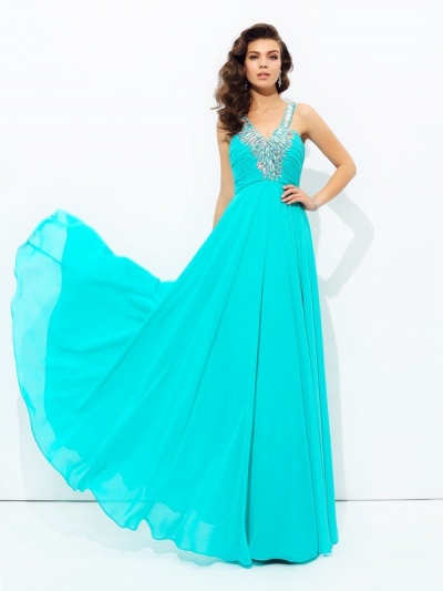 A-line/Princess V-neck Paillette Sleeveless Long Chiffon Dresses [60579]