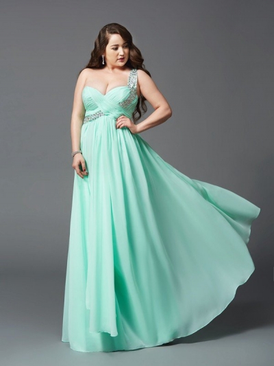 A-Line/Princess One-Shoulder Rhinestone Sleeveless Long Chiffon Plus Size Dresses [60639]