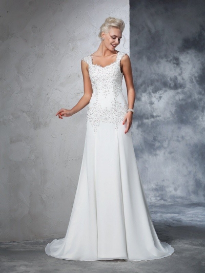 A-Line/Princess Straps Beading Sleeveless Long Chiffon Wedding Dresses [60672]