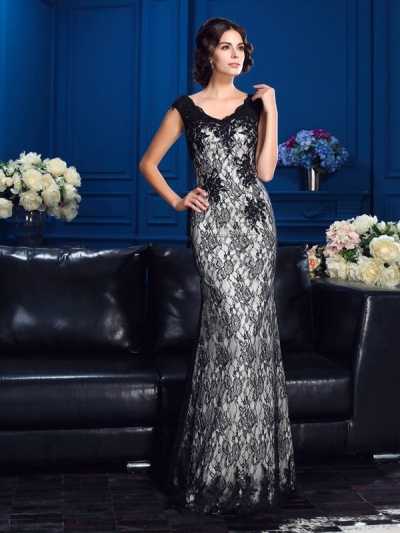 Sheath/Column V-neck Lace Sleeveless Long Satin Mother of the Bride Dresses [60724]