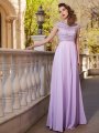 A-Line/Princess Scoop Short Sleeves Floor-Length Beading Chiffon Dresses