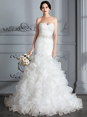 Trumpet/Mermaid Sweetheart Sleeveless Ruffle Sweep/Brush Train Satin Wedding Dresses