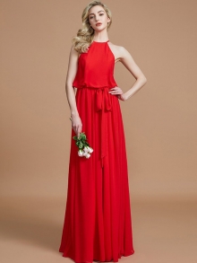 A-Line/Princess Halter Sleeveless Sash/Ribbon/Belt Floor-Length Chiffon Bridesmaid Dresses