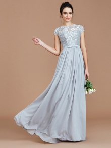 A-Line/Princess Jewel Short Sleeves Lace Floor-Length Chiffon Bridesmaid Dresses