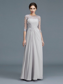 A-Line/Princess Scoop 3/4 Sleeves Chiffon Ruffles Floor-Length Mother of the Bride Dresses