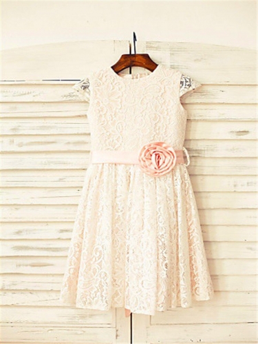 A-line/Princess Scoop Hand-made Flower Short Sleeves Floor-Length Lace Flower Girl Dresses