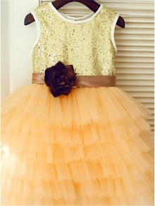 A-line/Princess Scoop Sleeveless Tea-Length Sequin Tulle Flower Girl Dresses