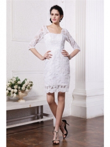 Sheath/Column Half Sleeves Bateau Short Lace Wedding Dresses