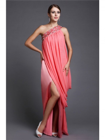 Sheath/Column One-Shoulder Sleeveless Beading Long Chiffon Dresses [N13ZYDRESS27]