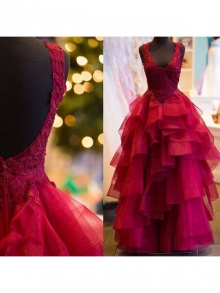 Ball Gown Sleeveless Applique V-Neck Floor-Length Tulle Dresses