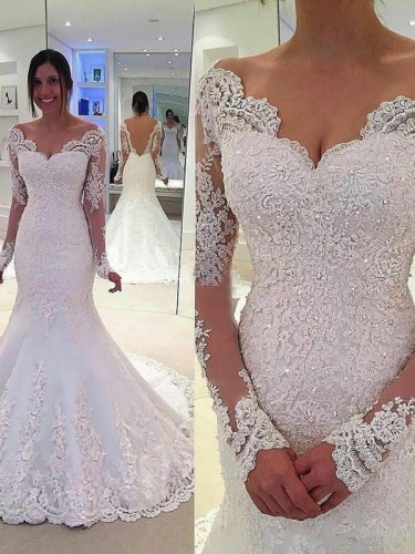Trumpet/Mermaid V-neck Long Sleeves Lace Court Train Tulle Wedding Dresses