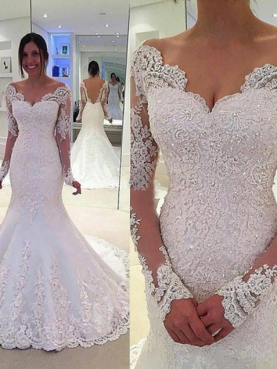 Trumpet/Mermaid V-neck Long Sleeves Lace Court Train Tulle Wedding Dresses [PO16033PO493]