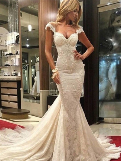 Trumpet/Mermaid Sleeveless Sweep/Brush Train V-neck Lace Wedding Dresses [PO16033PO506]