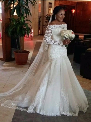 Trumpet/Mermaid Off-the-Shoulder Long Sleeves Lace Floor-Length Tulle Wedding Dresses