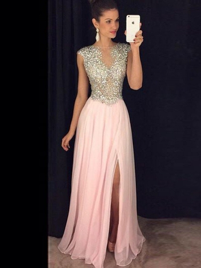 A-Line/Princess Sleeveless Bateau Chiffon Sequin Floor-Length Dresses [PO16033PO540]