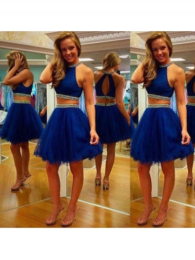 A-Line/Princess Sleeveless Halter Beading Tulle Short/Mini Two Piece Dresses [PO16033PO673]